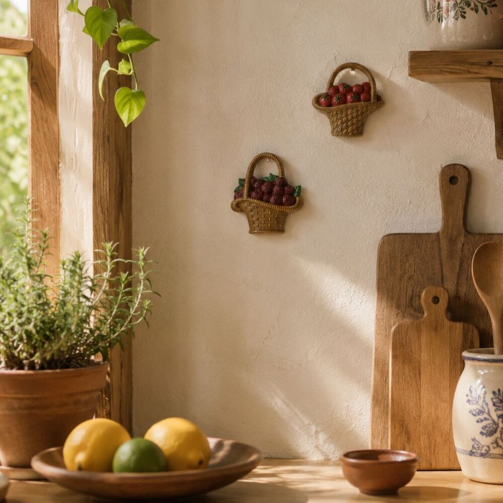 Vintage Cottage Retro Boho Strawberry and Raspberry Fruit Basket Wall Decor
